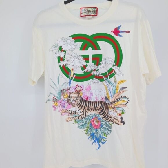 Gucci Cream T-Shirt with Tiger and Floral Motif - Picture 1 of 5